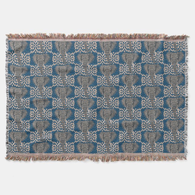 Modern African Elephant Head Geometric Blue Throw Blanket (Front)
