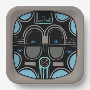 Modern African Tribal Mask Grey Blue and Black Paper Plate