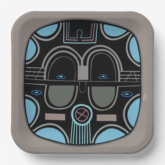 Modern African Tribal Mask Grey Blue and Black Paper Plate (Front)