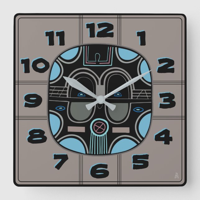 Modern African Tribal Mask in Grey Blue Black Square Wall Clock (Front)
