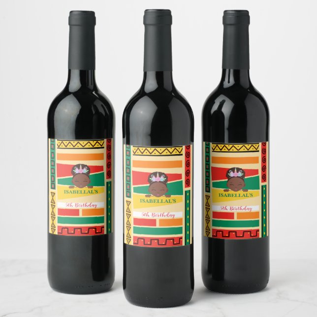 Modern afro African american girls Birthday party Wine Label (Bottles)