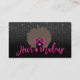 Modern Afro Hair Girl Hot Pink Black Glitter Salon Business Card