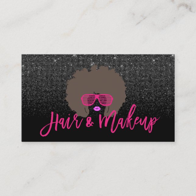 Modern Afro Hair Girl Hot Pink Black Glitter Salon Business Card (Front)