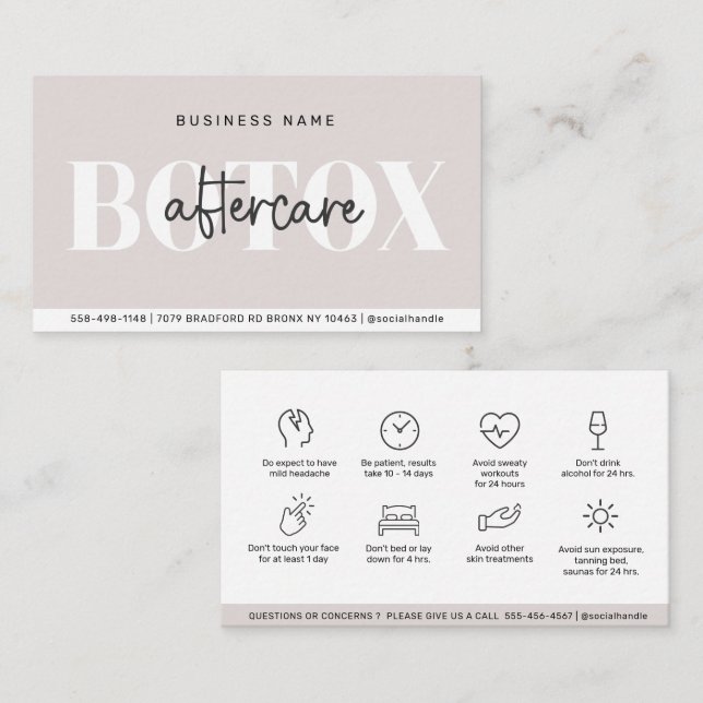Modern Aftercare Botox Instructions  Business Card (Front/Back)