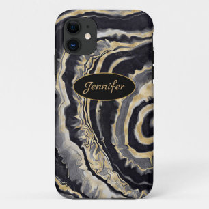 Modern Agate Black & Gold Crystal Personalise iPhone 11 Case