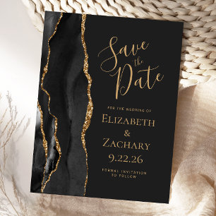 Modern Agate Black Gold Dark Save the Date Announcement Postcard