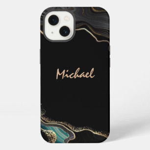 Modern Agate Black Gold Glitter Script Name iPhone 13 Case