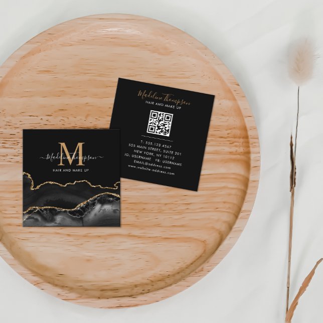 Modern Agate Black Gold Photo QR Code Monogram Square Business Card (Creator Uploaded)