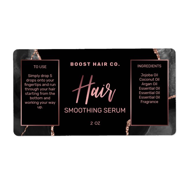 Modern Agate Black Rose Gold Hair Serum Labels (Front)