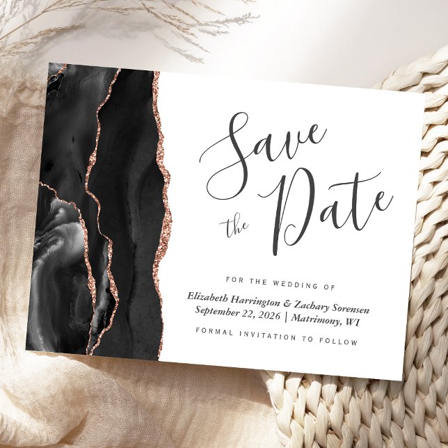 Modern Agate Black Rose Gold Save the Date Announcement Postcard (Creator Uploaded)