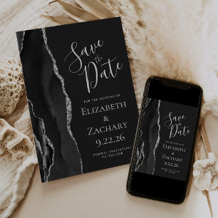 Modern Agate Black Silver Dark Save the Date Announcement