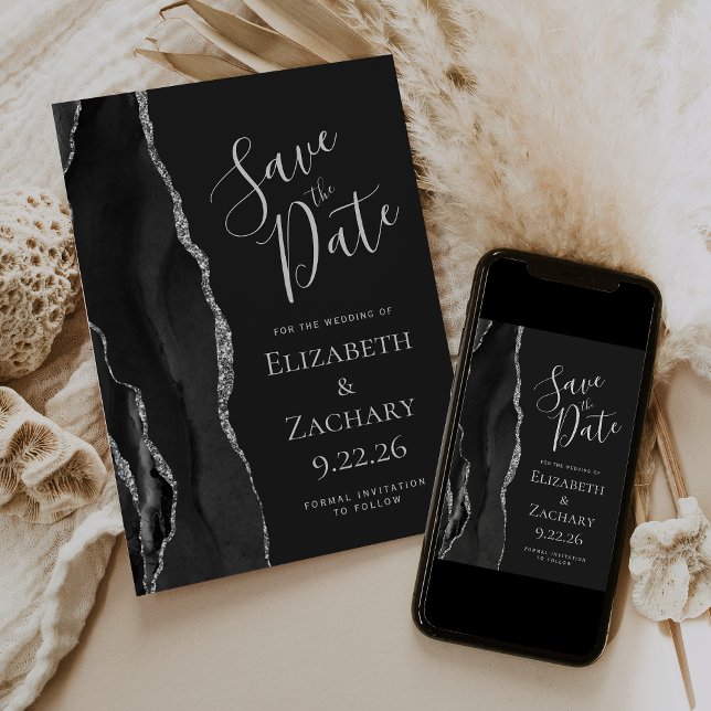 Modern Agate Black Silver Dark Save the Date Announcement (Creator Uploaded)