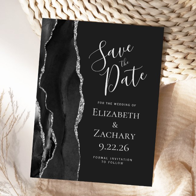 Modern Agate Black Silver Dark Save the Date Announcement Postcard (Creator Uploaded)