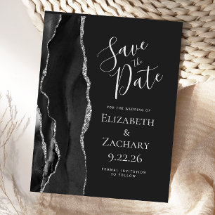 Modern Agate Black Silver Dark Save the Date Announcement Postcard