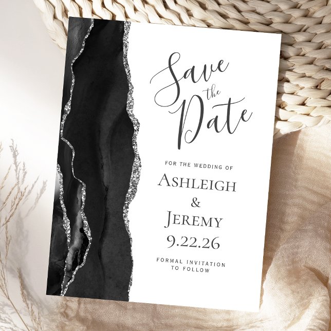 Modern Agate Black Silver Save the Date Announcement Postcard (Creator Uploaded)