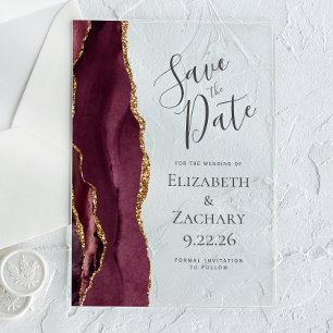 Modern Agate Burgundy Gold Save the Date Card Acrylic Invitations