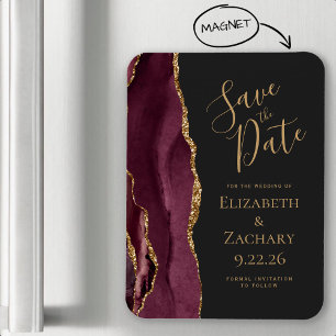 Modern Agate Burgundy Gold Save the Date Magnet