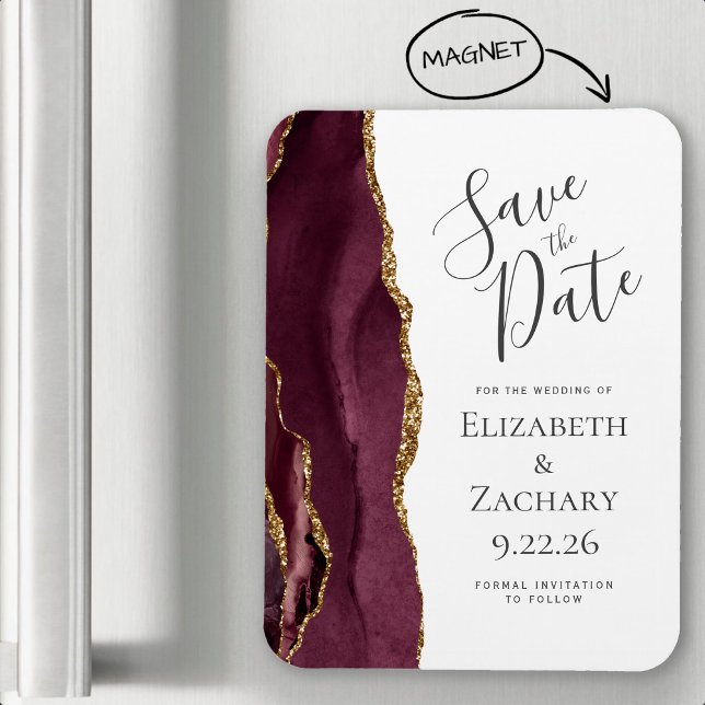 Modern Agate Burgundy Gold Save the Date Magnet (Creator Uploaded)