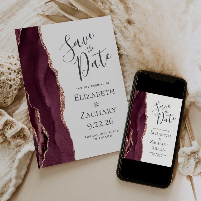 Modern Agate Burgundy Rose Gold Save the Date Card (Creator Uploaded)