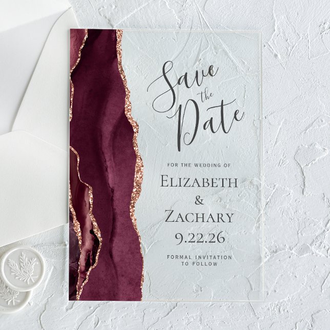 Modern Agate Burgundy Rose Gold Save the Date Card Acrylic Invitations (Creator Uploaded)