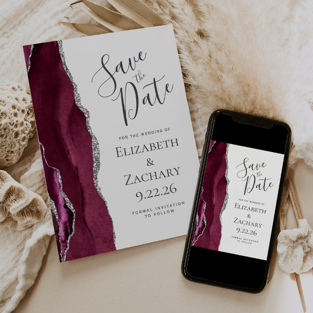 Modern Agate Burgundy Silver Save the Date Card (Creator Uploaded)