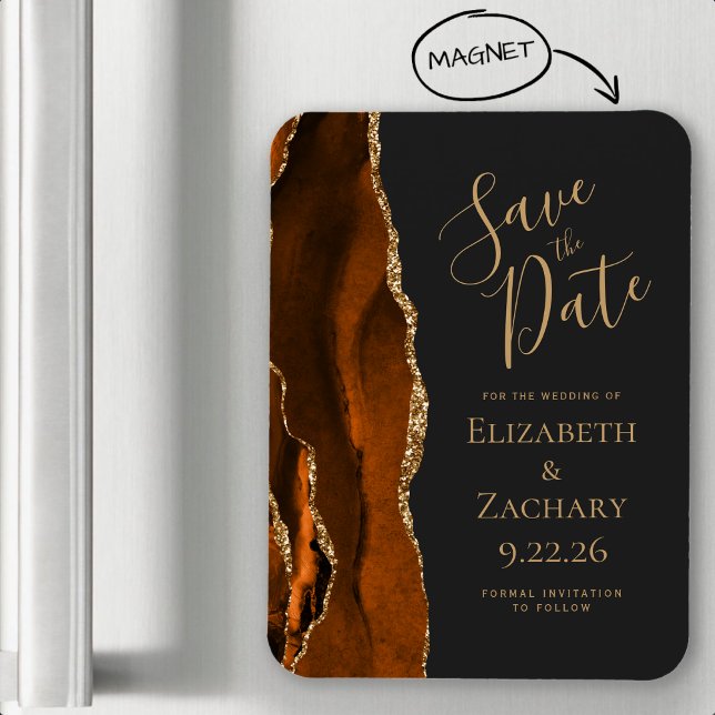 Modern Agate Burnt Orange Gold Dark Save the Date Magnet (Creator Uploaded)