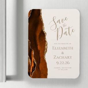 Modern Agate Burnt Orange Gold Ivory Save the Date Magnet