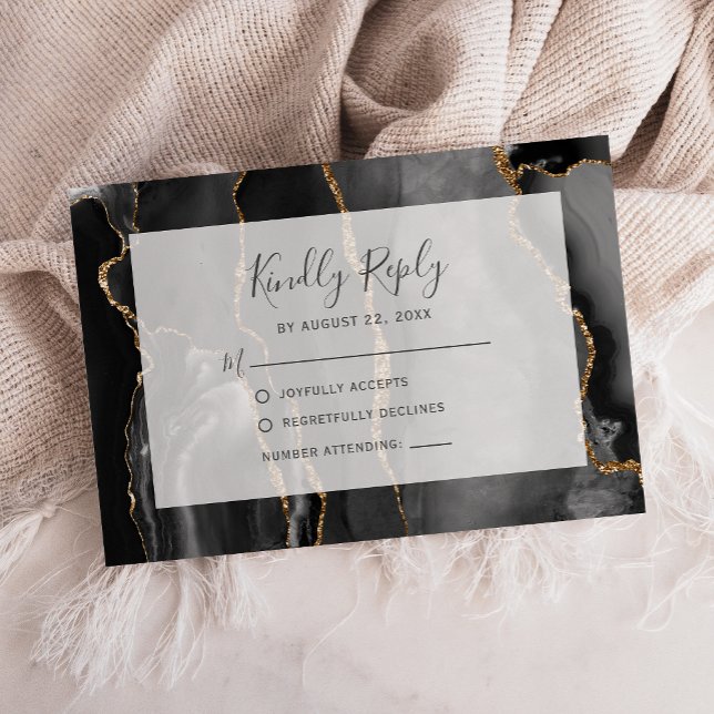 Modern Agate Frame Black Gold Wedding RSVP Card (Creator Uploaded)