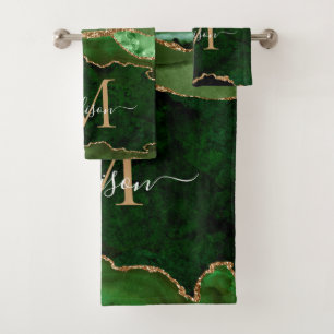 Modern Agate Geode Green Gold Monogram Script Bath Towel Set