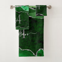 Modern Agate Geode Green Silver Monogram Script