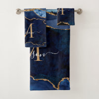 Modern Agate Geode Navy Blue Gold Monogram Script