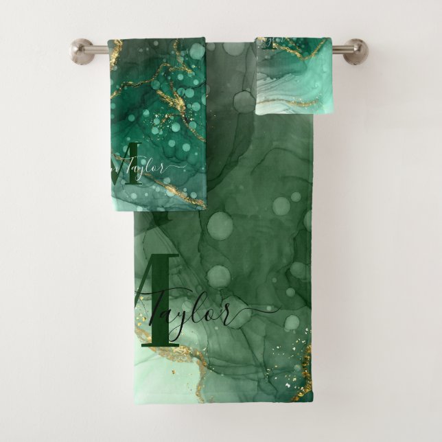 Modern Agate Geode Sea Green Gold Monogram Script  Bath Towel Set (Insitu)