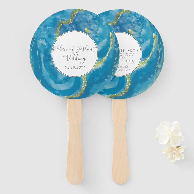 Modern Agate Geodes Crytal Blue Gold Wedding Round Hand Fan (Front and Back)