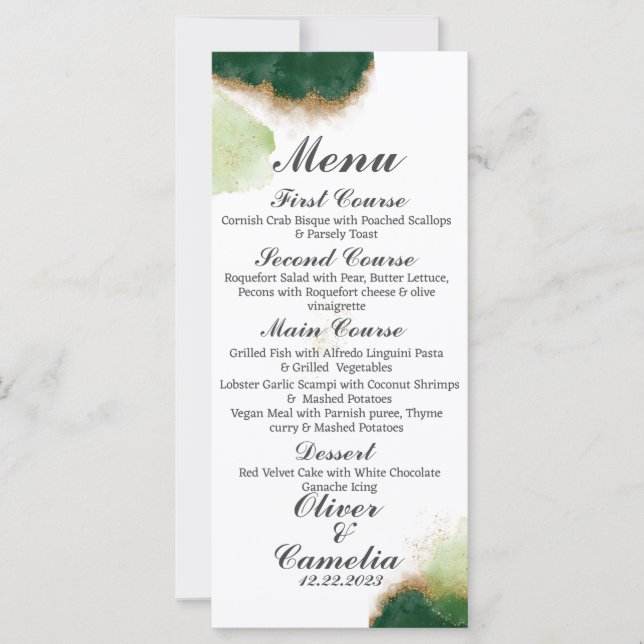 Modern Agate Green & Gold Wedding menu (Front)