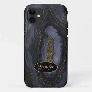Modern Agate Grey & Gold Crystal Personalise iPhone 11 Case