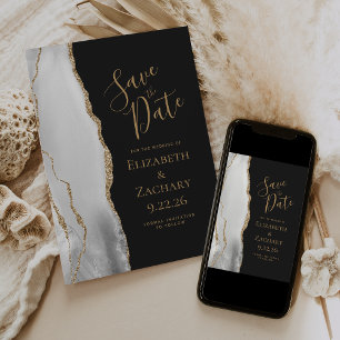 Modern Agate Grey White Gold Dark Save the Date Announcement