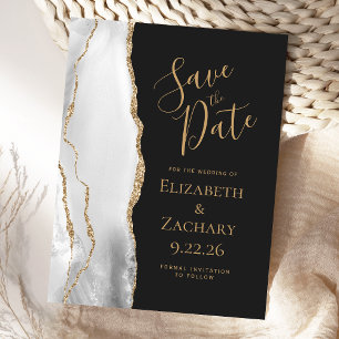 Modern Agate Grey White Gold Dark Save the Date Announcement Postcard