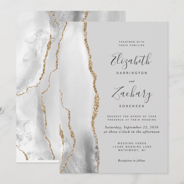 Modern Agate Light Grey Gold Wedding Invitation (Front/Back)