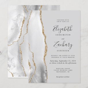 Modern Agate Light Grey Gold Wedding Invitation