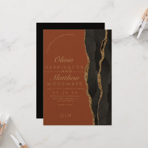 Modern Agate Luxury Black and Orange Wedding Invitation
