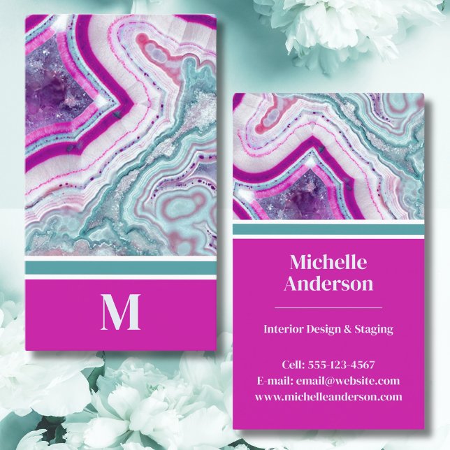 Modern Agate Monogram Business Card (Chic Modern Monogram Initial Teal Magenta Stone Business Card)