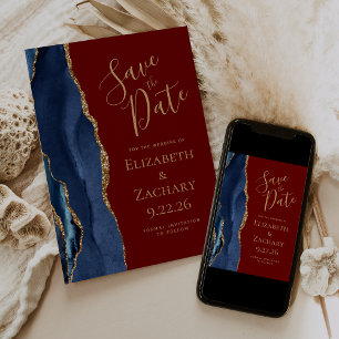 Modern Agate Navy Blue Gold Burgundy Save the Date Invitation