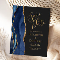 Modern Agate Navy Blue Gold Dark Save the Date