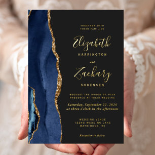 Modern Agate Navy Blue Gold Dark Wedding