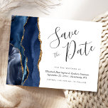 Modern Agate Navy Blue Gold Save the Date Announcement Postcard<br><div class="desc">This elegant modern save the date postcard features a navy blue watercolor agate border trimmed with faux gold glitter. The customisable text is charcoal grey on a white background. The reverse side repeats the information,  along with a customisable return address.</div>