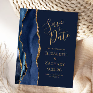 Modern Agate Navy Blue Gold Save the Date Announcement Postcard
