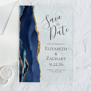 Modern Agate Navy Blue Gold Save the Date Card Acrylic Invitations