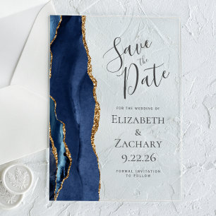 Modern Agate Navy Blue Gold Save the Date Card Acrylic Invitations
