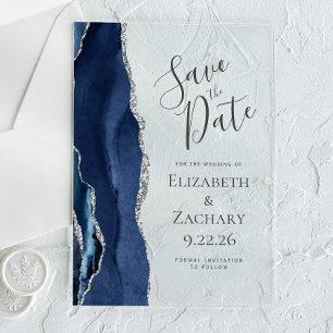 Modern Agate Navy Blue Silver Save the Date Acrylic Invitations