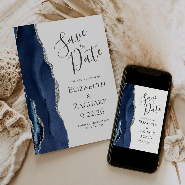 Modern Agate Navy Blue Silver Save the Date Card (Creator Uploaded)